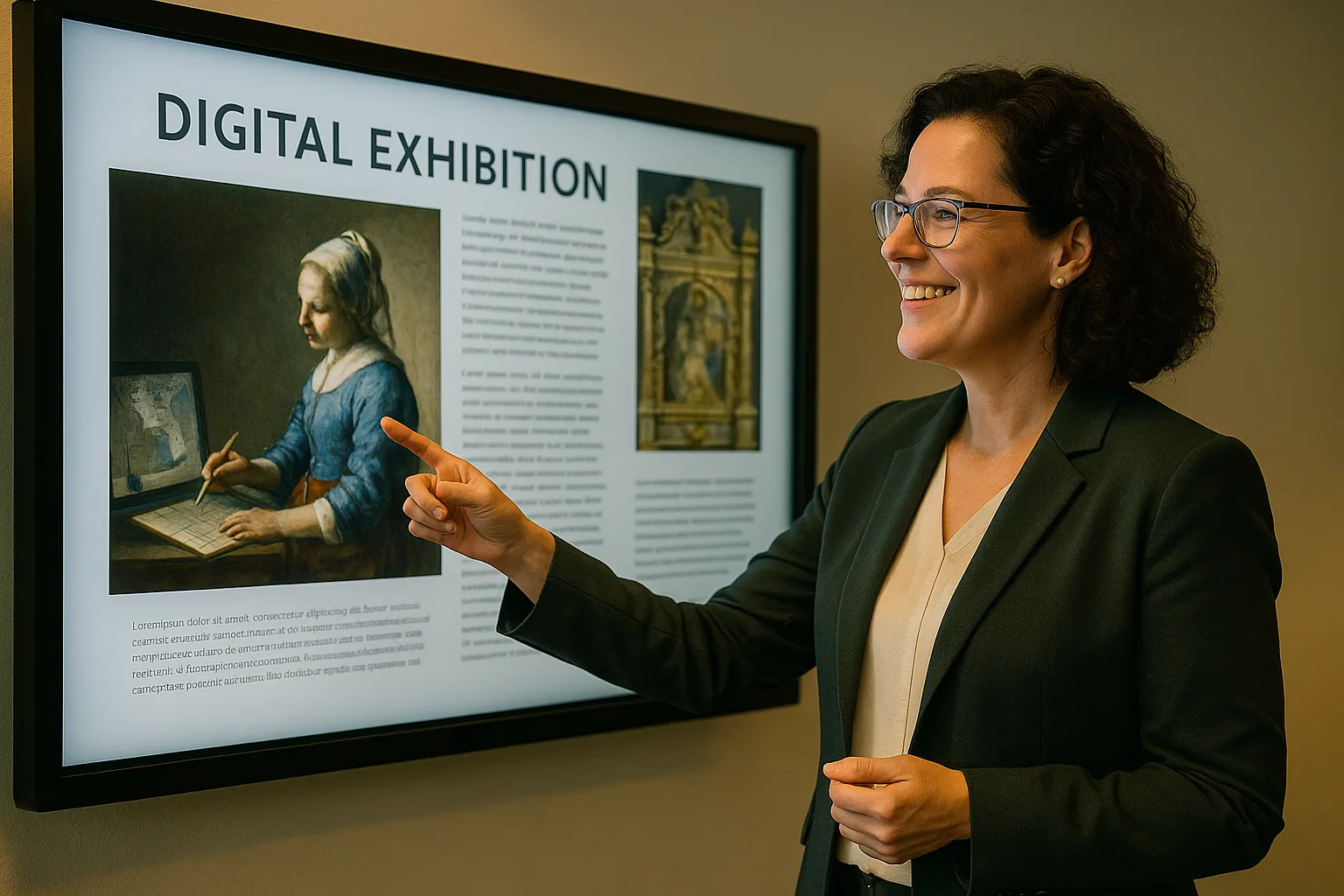 преподаватель показывает проект цифровой выставки