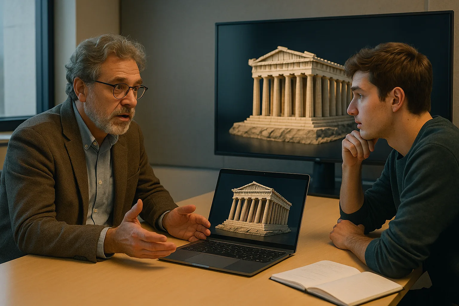 преподаватель и студент смотрят на 3D модель объекта на экране